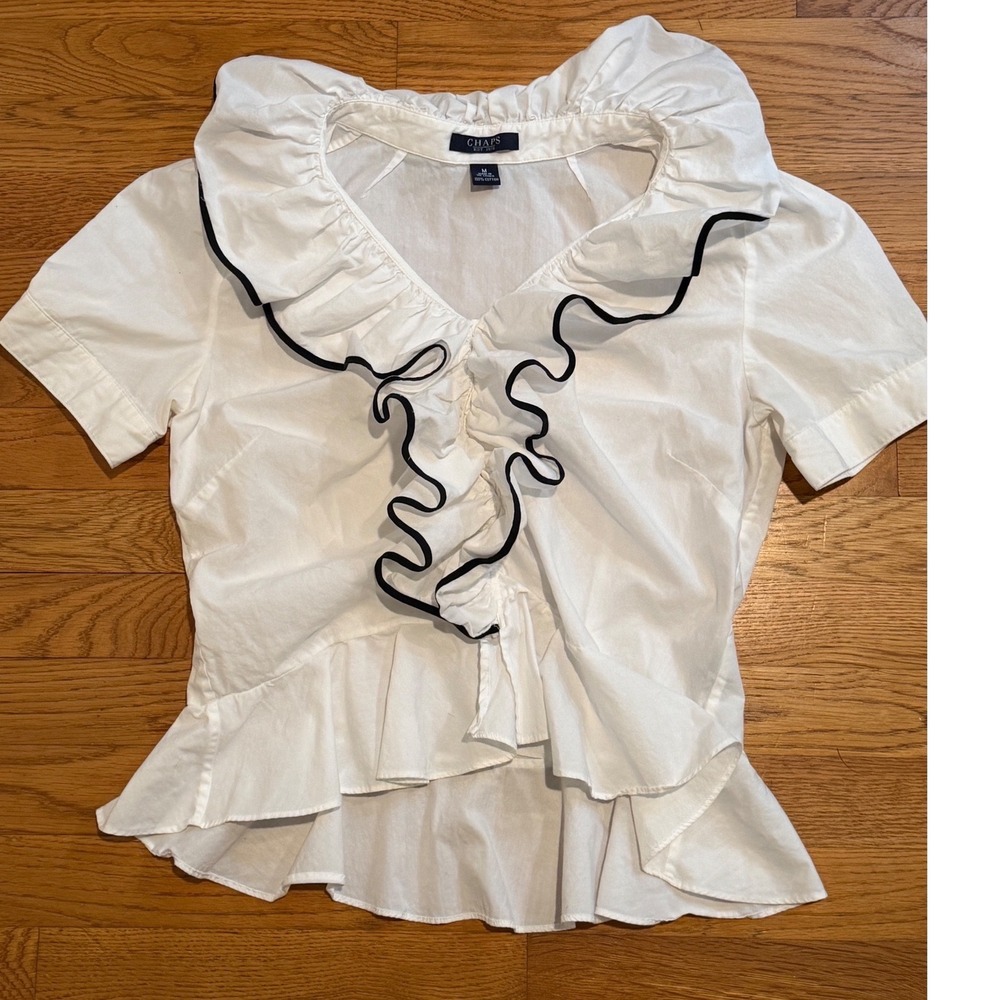 Chaps Womens White Ruffle V-Neck Blouse Black Trim Peplum Top Size M Cotton